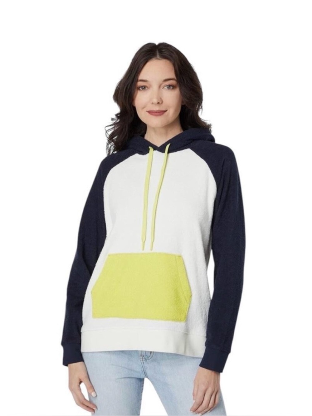 Outerknown Women's Hightide Navy Lime Green Color block Terry Hoodie Size SM